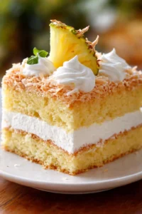 Square slice of pineapple-layer cake with whipped-cream filling, coconut topping, and a pineapple garnish on a white plate.