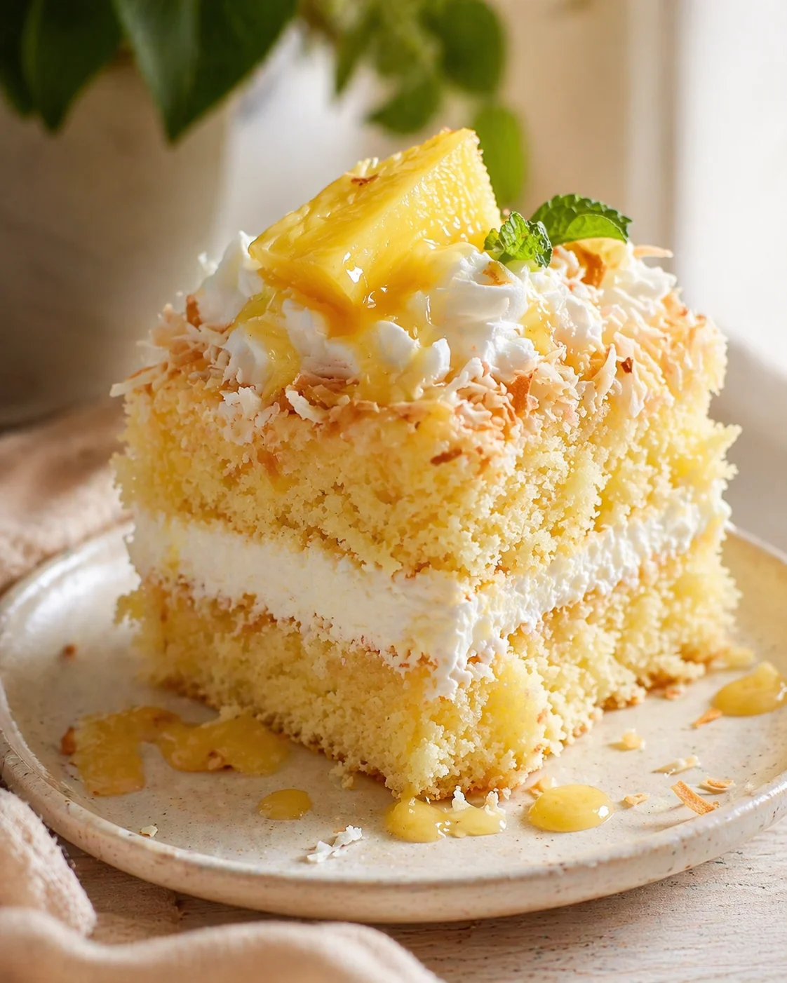 A yellow sponge cake slice with pineapple topping, whipped cream, and coconut flakes on a plate.