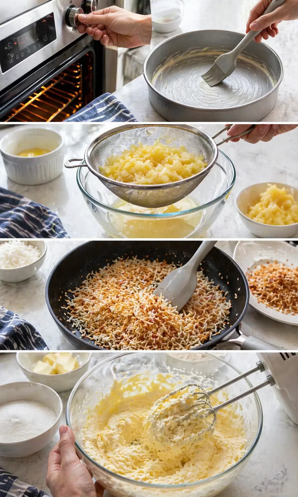 four-panel collage showing cake-assembly steps: batter in pan, pineapple filling drained, toasted coconut, and creamy frosting