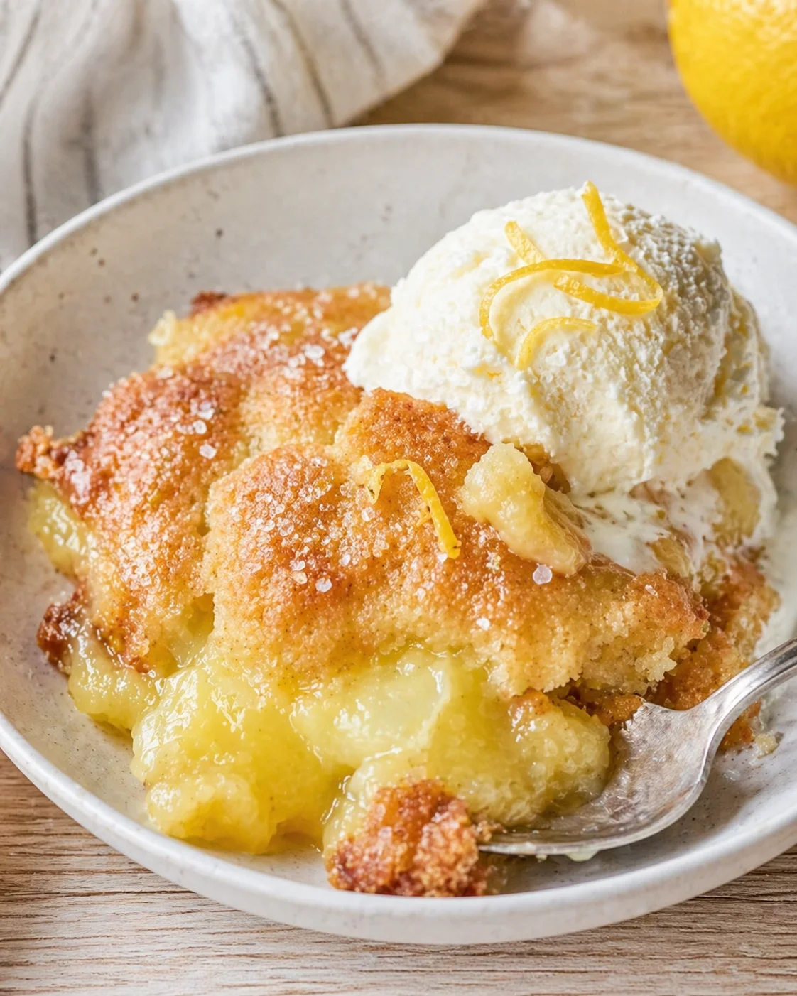 A bowl of warm pineapple crumble topped with a scoop of vanilla ice cream and lemon zest.