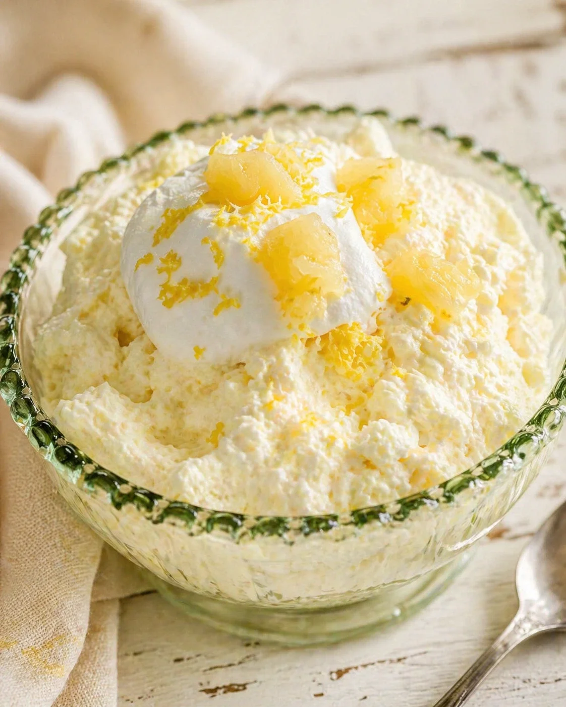 glass bowl of whipped cream topped with a vanilla ice cream scoop and pineapple chunks on a rustic wooden table
