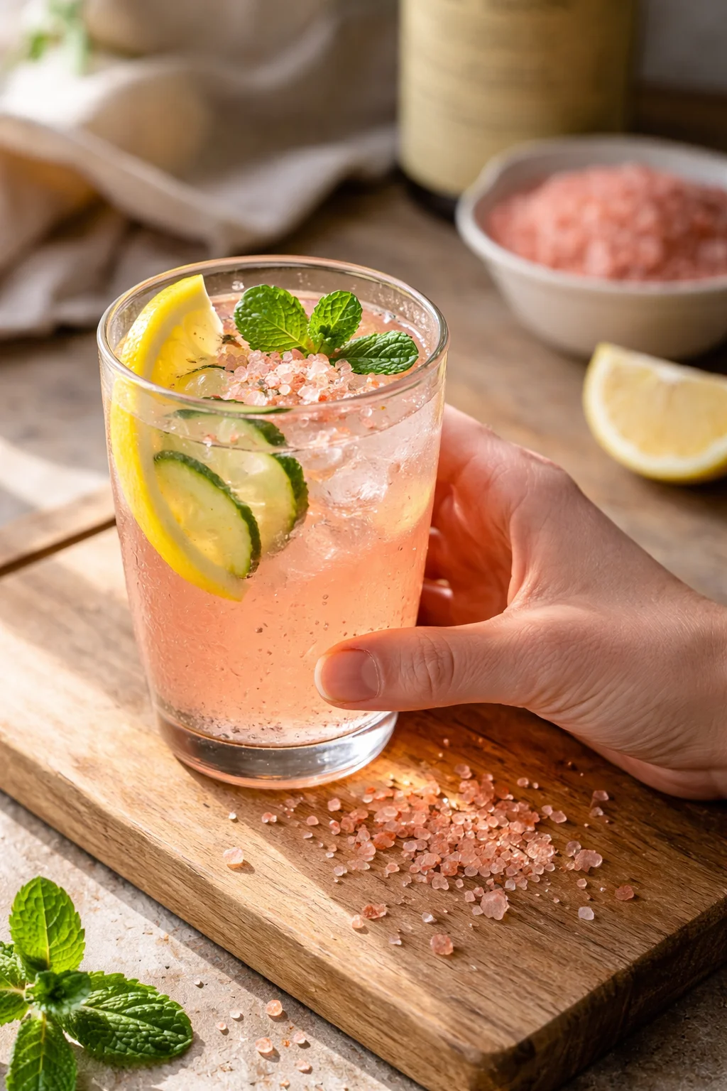 pink citrus cocktail in a tumbler with cucumber slices, lemon wedge, mint, and pink salt on a wooden board