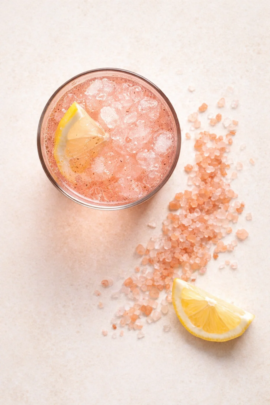 top-down view of a pink cocktail with ice and a lemon wedge, beside pink salt crystals on pale beige surface.