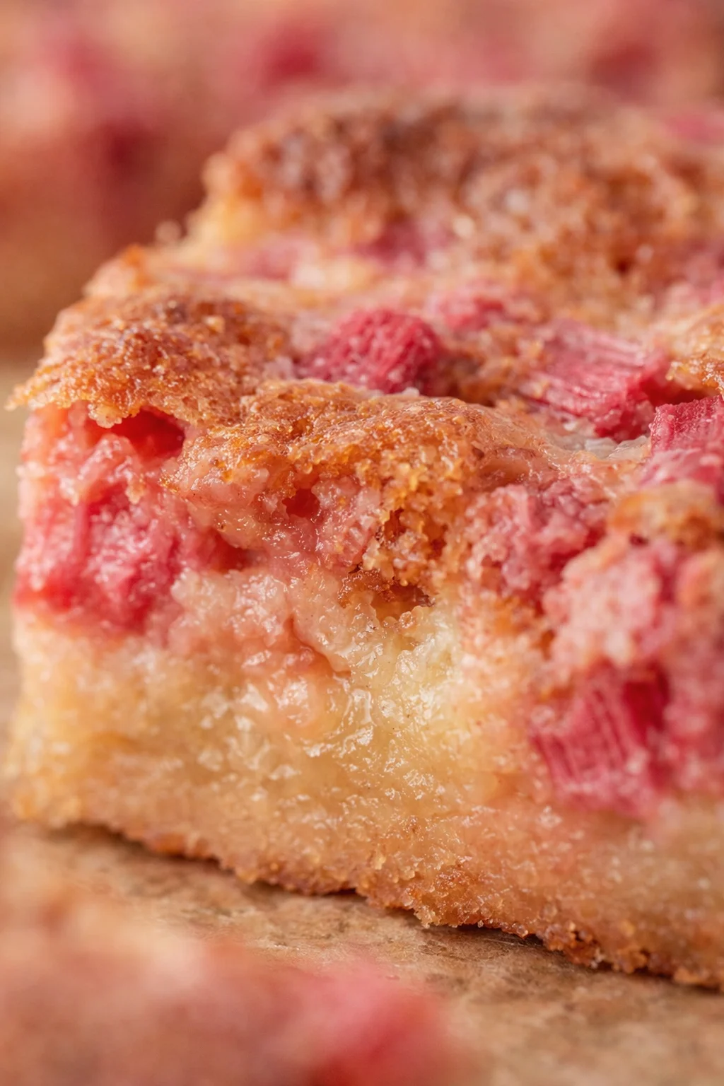 Close-up of a golden crusted crumble bar with pink fruit filling on parchment