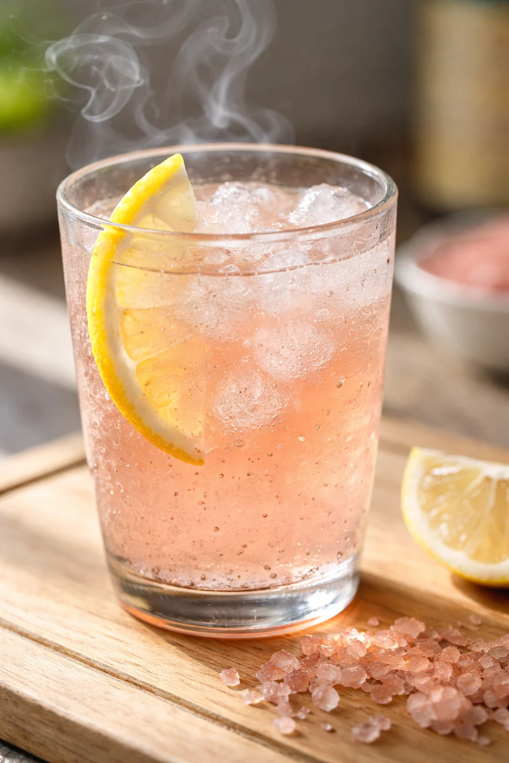 pink sparkling drink with lemon wedge, ice, and pink salt crystals on wood
