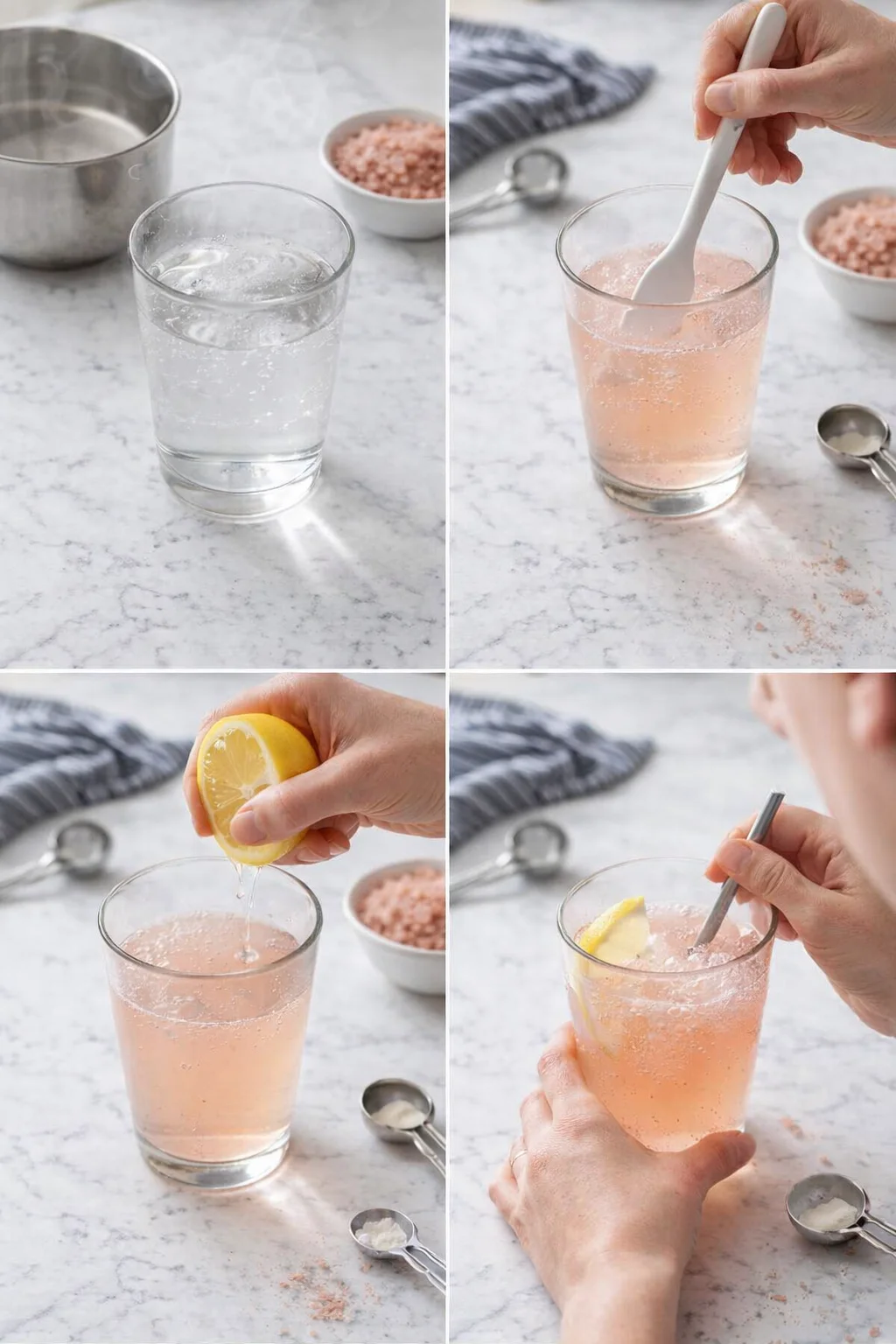 four-panel collage showing steps to make pink lemonade with lemon, salt, and stirring