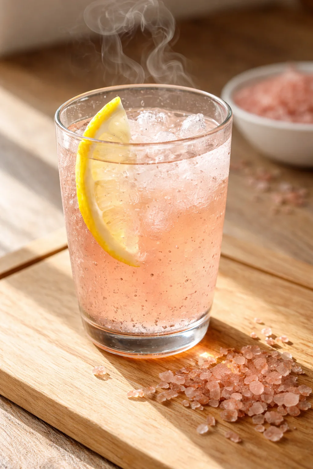 Chilled pink lemonade cocktail with a lemon wedge, ice, steam on a wooden board, pink salt nearby.