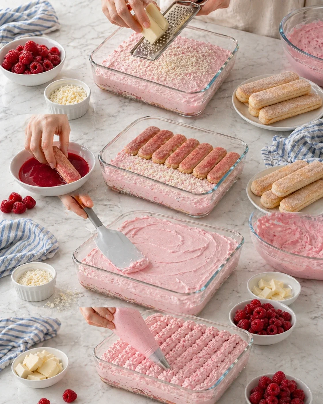 Pink raspberry dessert being assembled with ladyfingers and raspberries on a marble countertop.