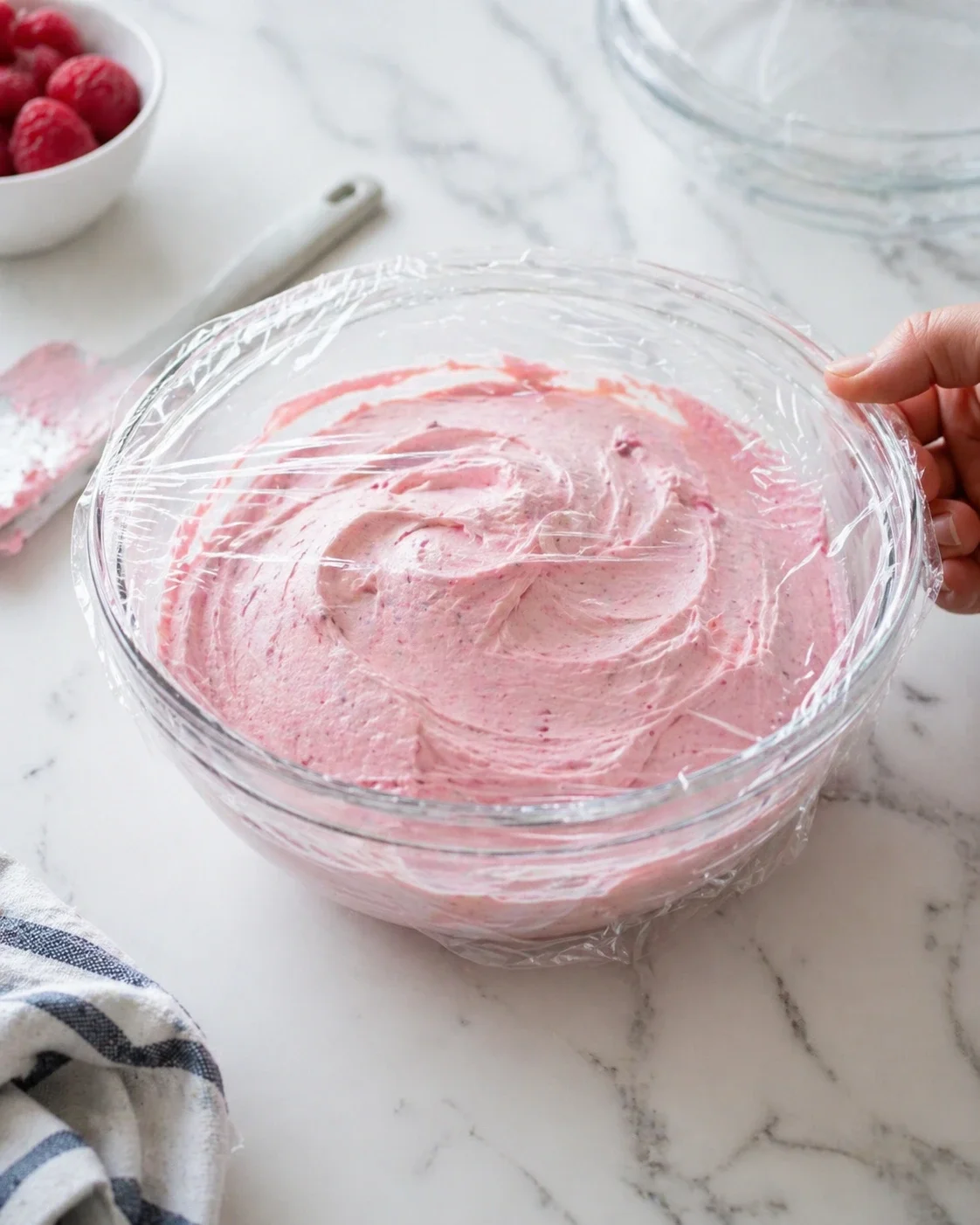 Glass mixing bowl with pink whipped frosting covered by plastic wrap on a marble counter.