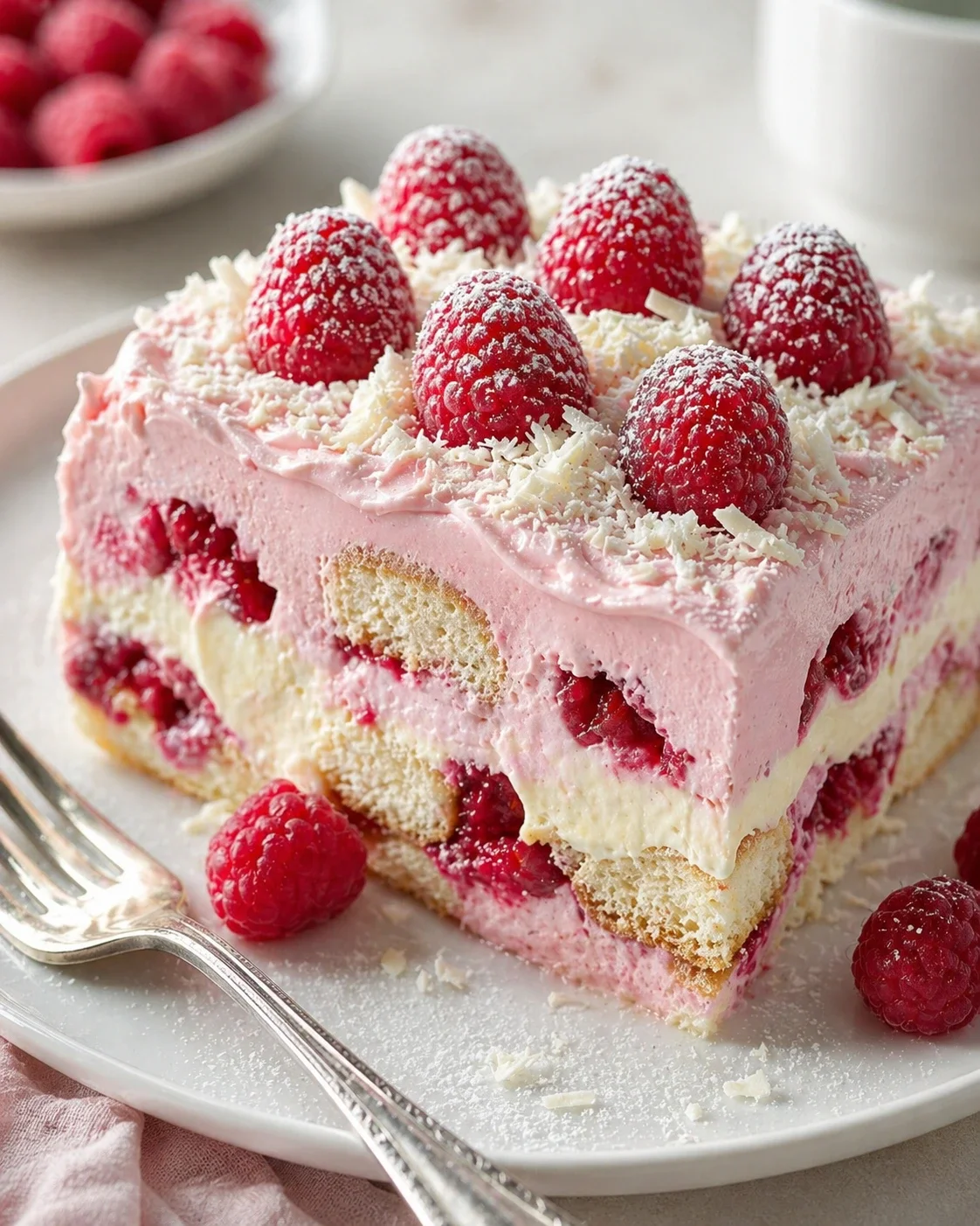 Slice of pink raspberry layer cake topped with fresh raspberries and white chocolate shavings on a white plate