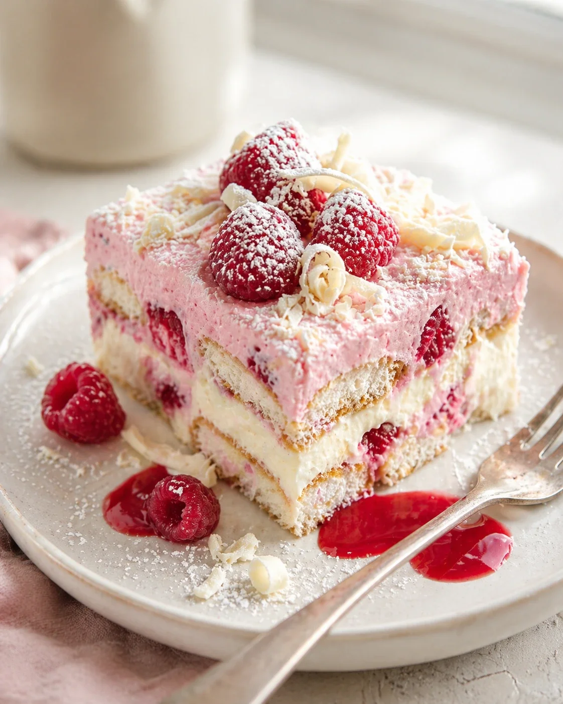 pink raspberry layer cake with fresh raspberries and white chocolate shavings on a plate