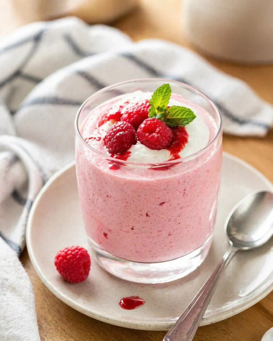 Glass of pink raspberry mousse topped with whipped cream, fresh raspberries, and a mint leaf.