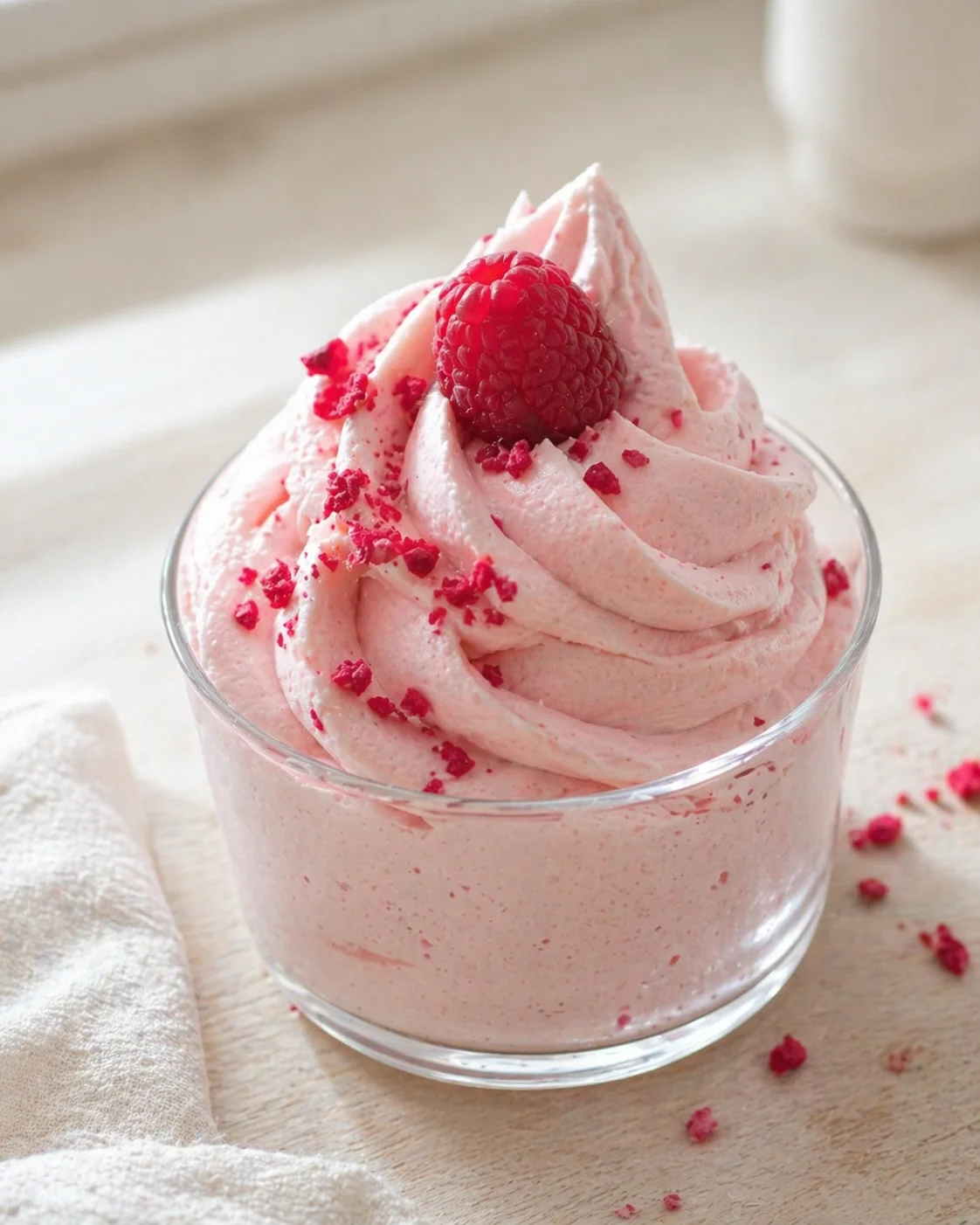 Pink raspberry mousse swirled in a clear glass, topped with a raspberry and red crumble.