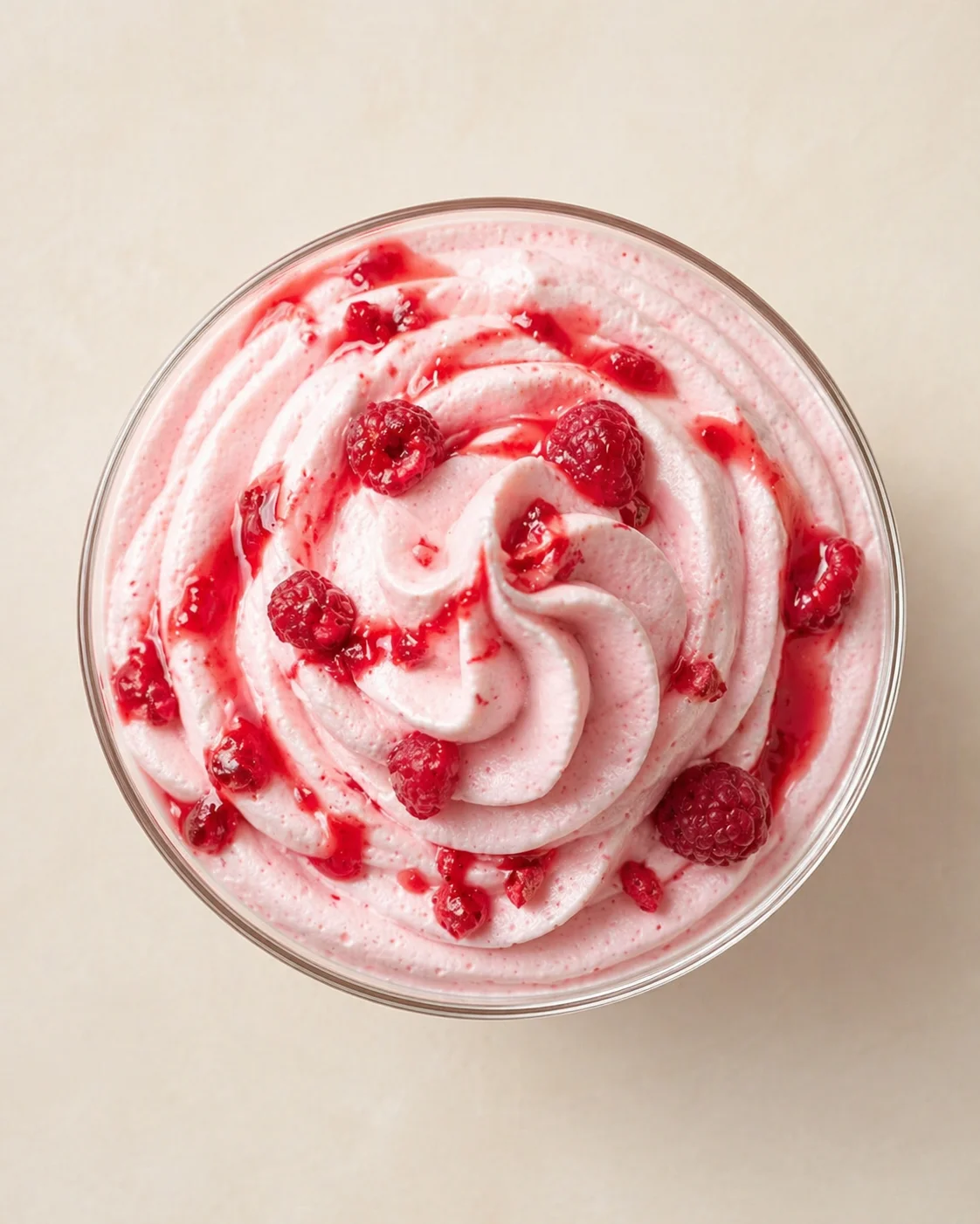 glass bowl of pink raspberry mousse with raspberries on top, top-down view
