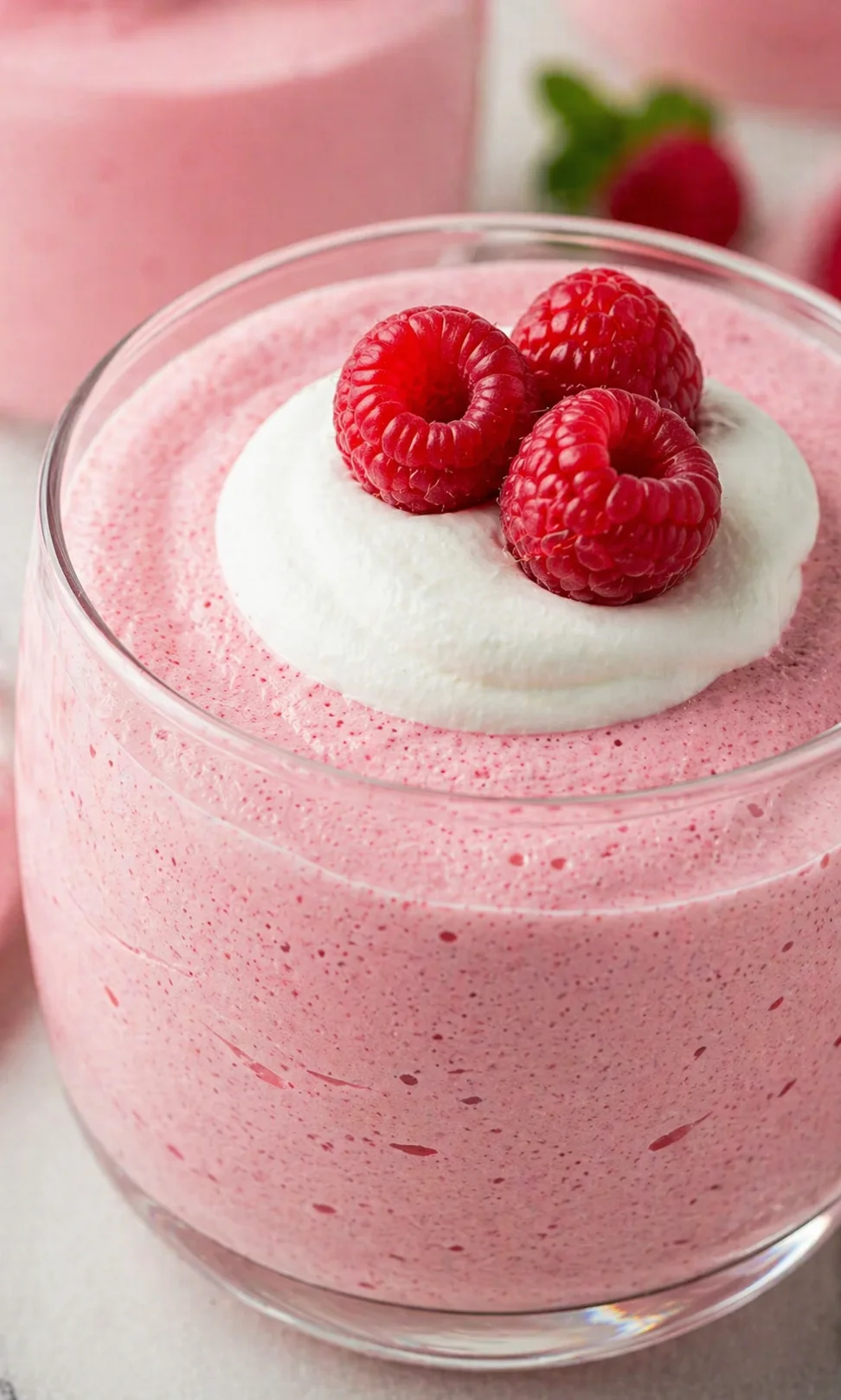 A pink raspberry smoothie in a clear glass topped with whipped cream and fresh raspberries.