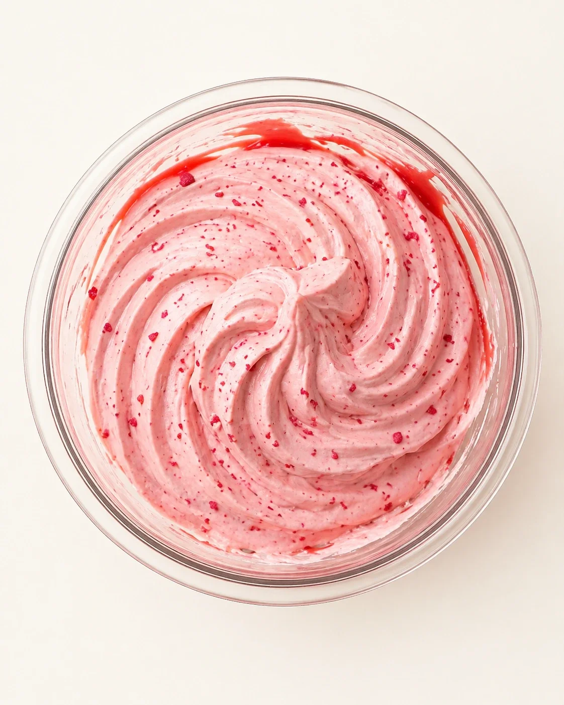 Top-down view of pink raspberry-speckled whipped frosting swirled in a glass bowl.
