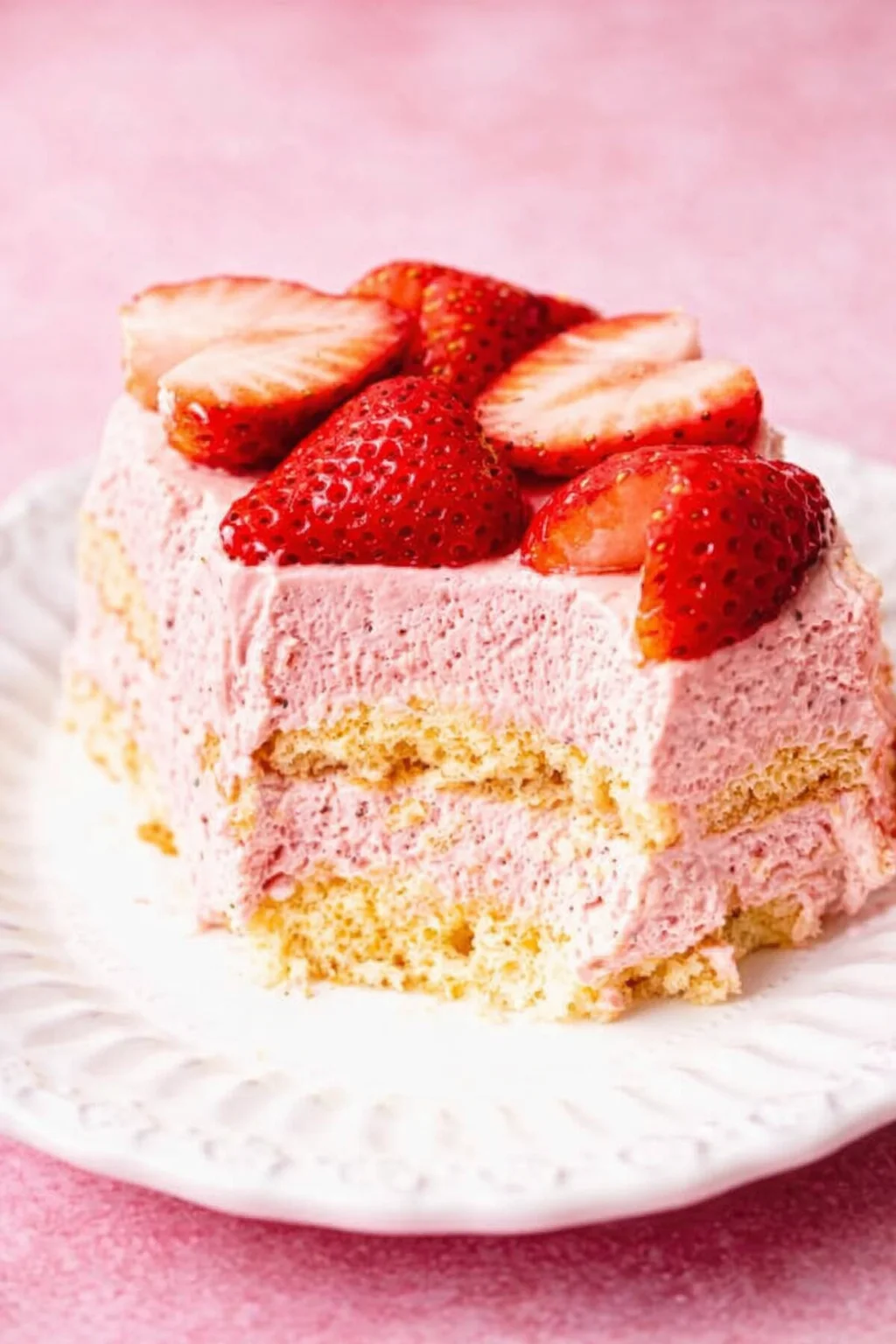 Slice of pink strawberry cake topped with fresh strawberries on a white patterned plate