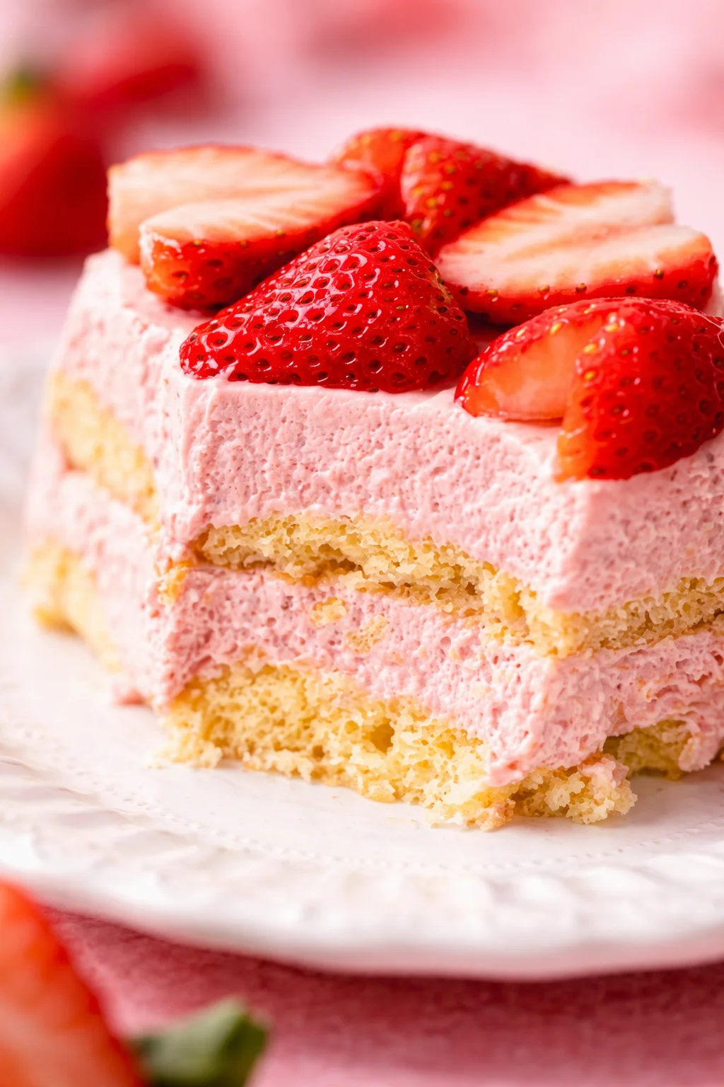 slice of pink strawberry cake with fresh strawberry halves on a white plate