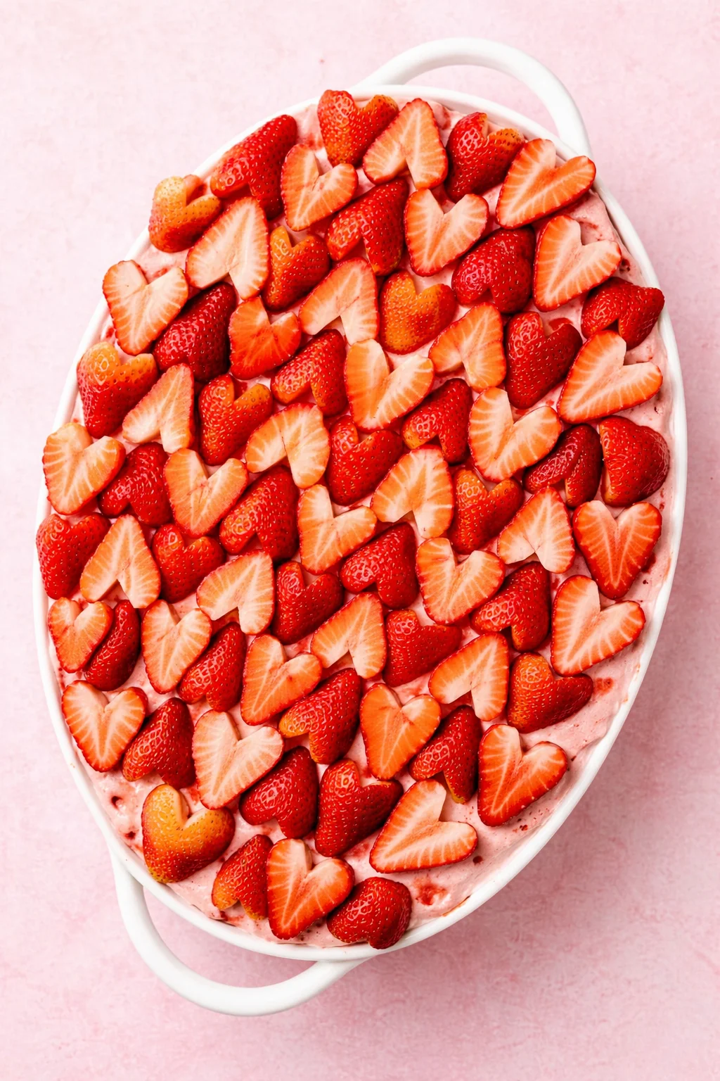Oval white dish filled with pink strawberry dessert topped with heart-shaped strawberry slices on a soft pink background.