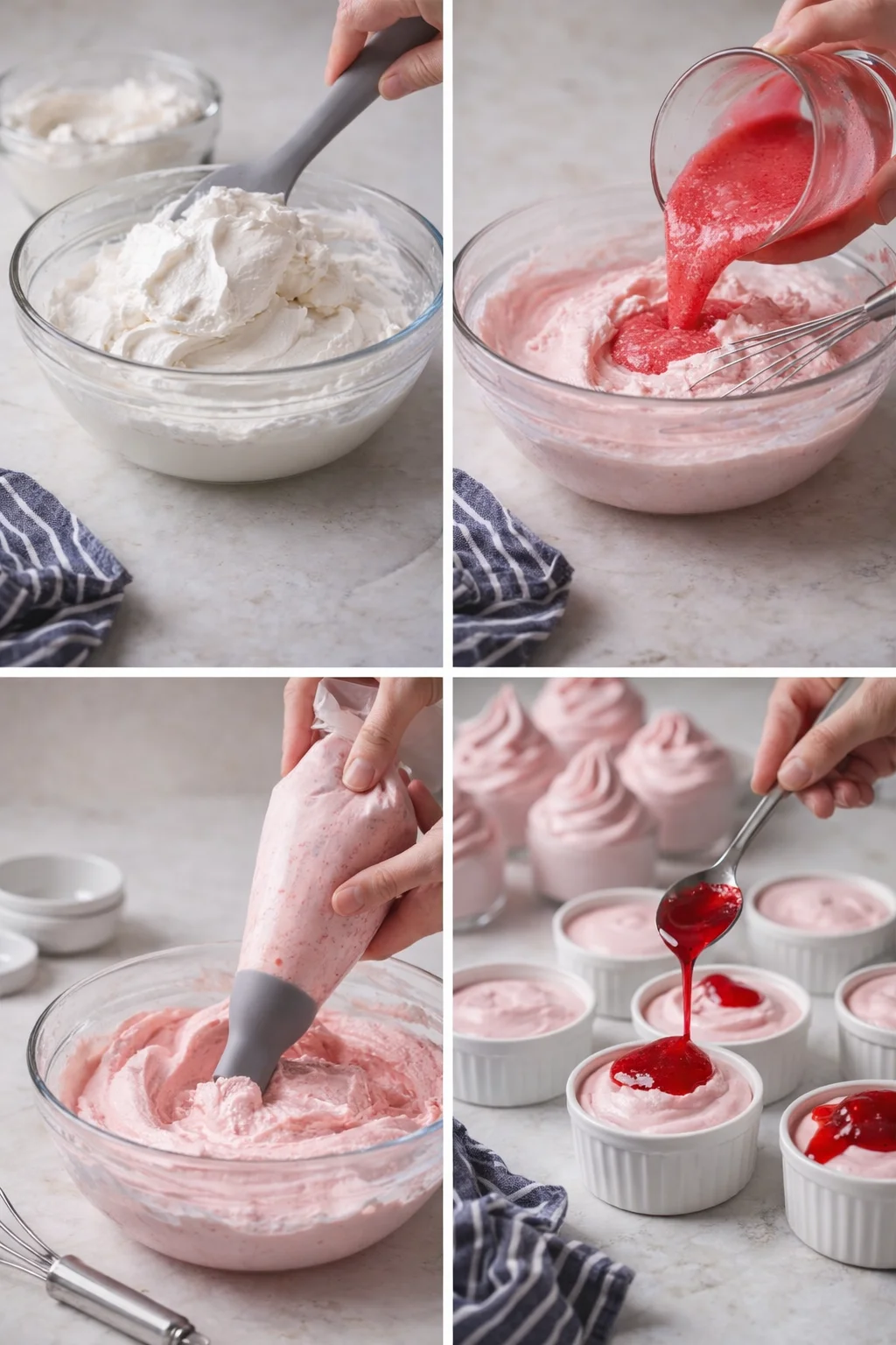 collage of four steps: white whipped cream, pink strawberry mixture, piping into bowl, and mousse in ramekins.