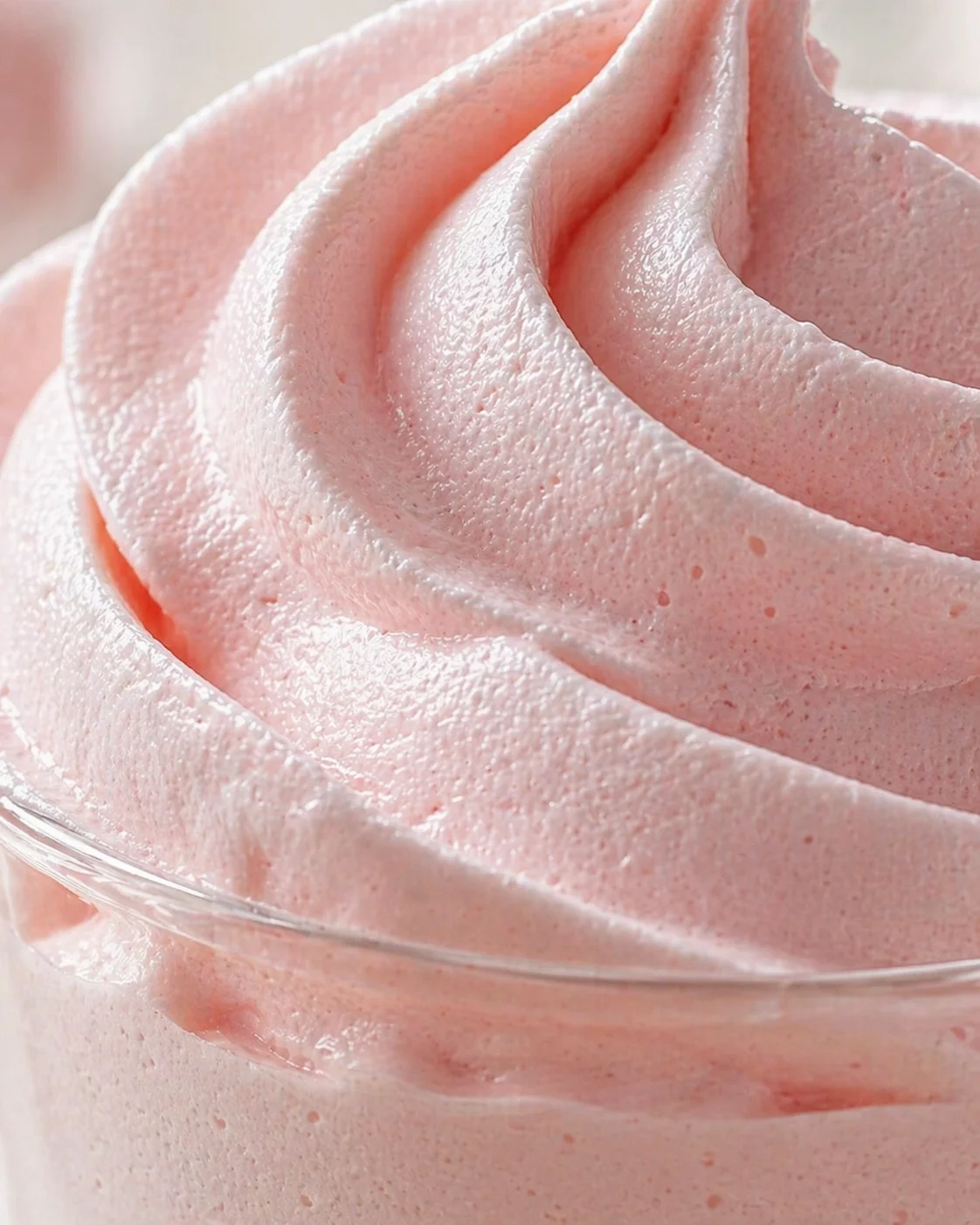 Close-up of smooth pink whipped cream swirled into a glass