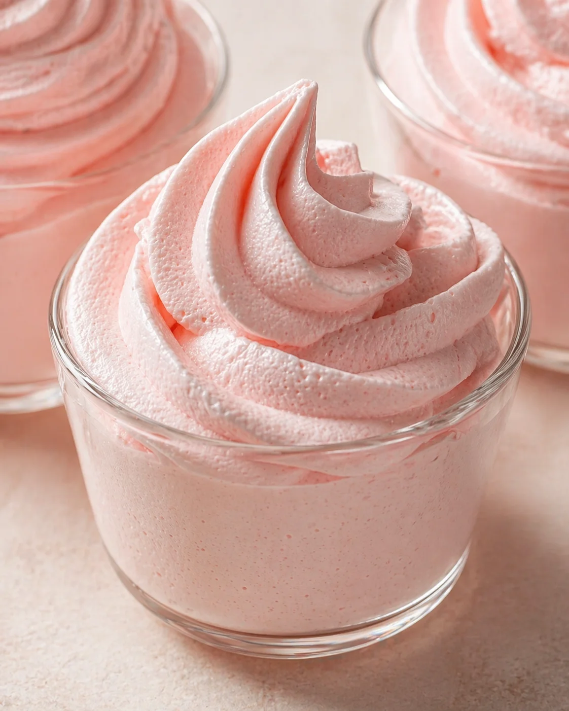 Pink whipped-cream mousse swirled in a clear glass jar with a fluffy peak