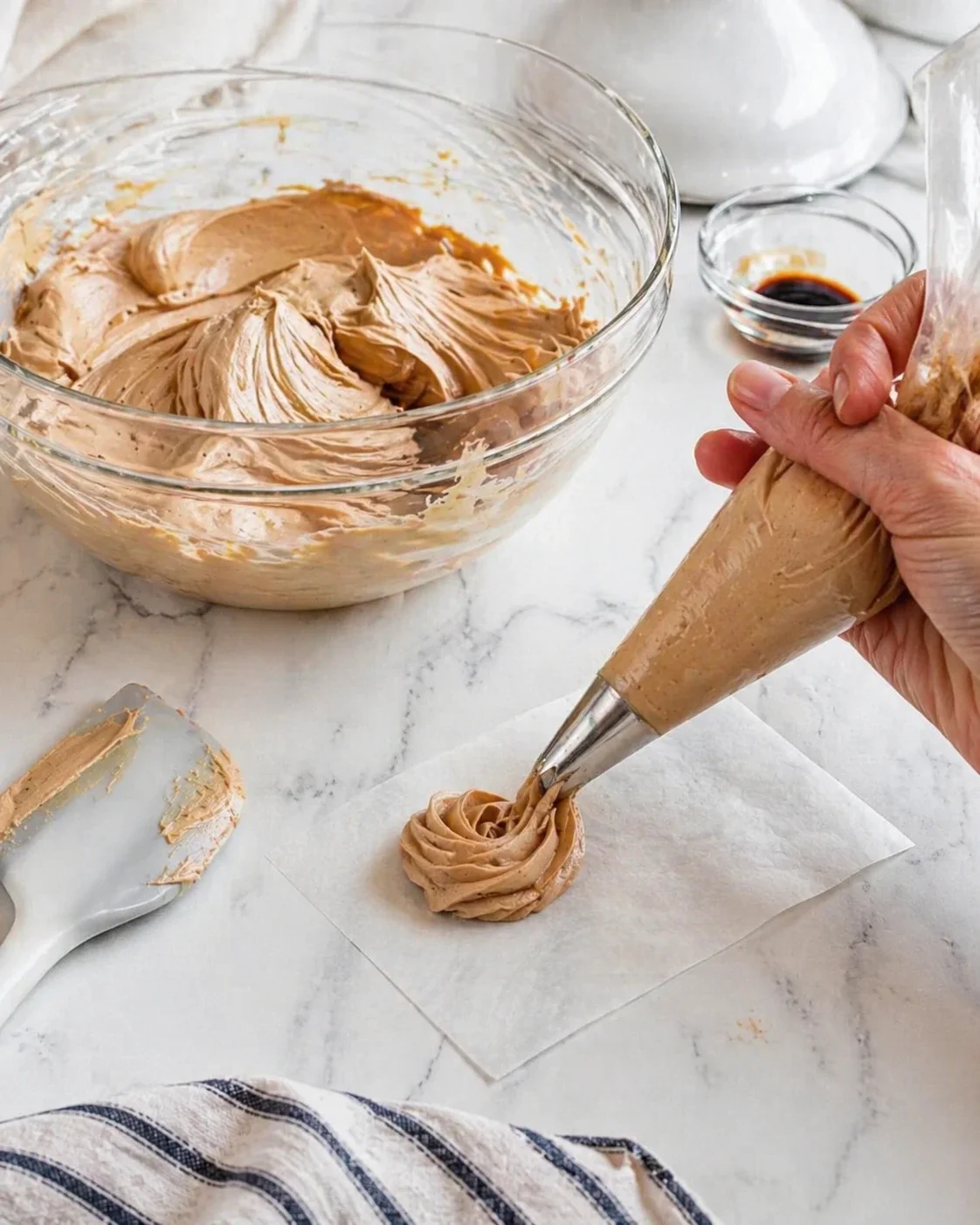 hand piping chocolate-buttercream rosette on parchment beside a bowl of frosting