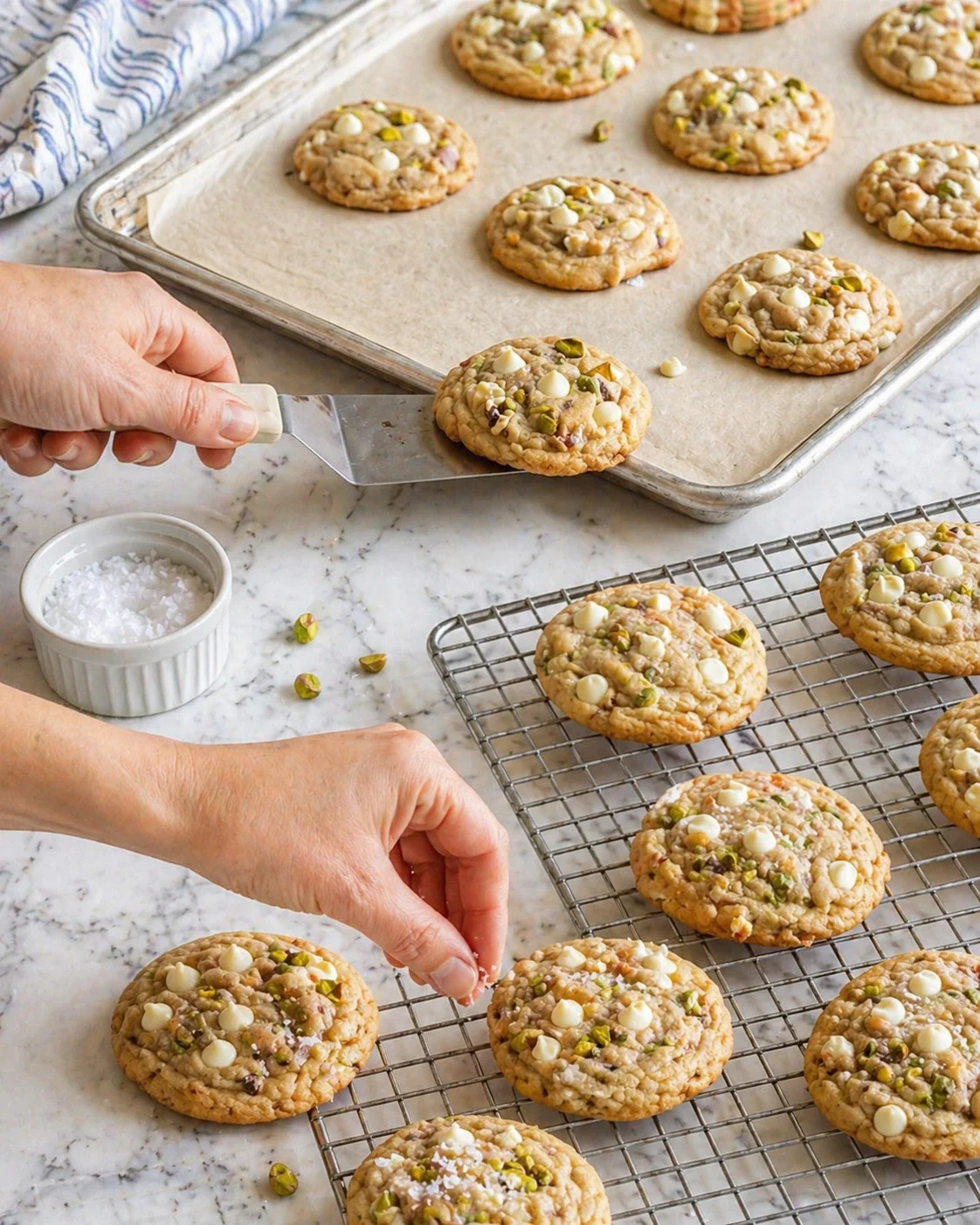 Golden pistachio and white chocolate cookies being placed on parchment-lined sheet with a spatula.