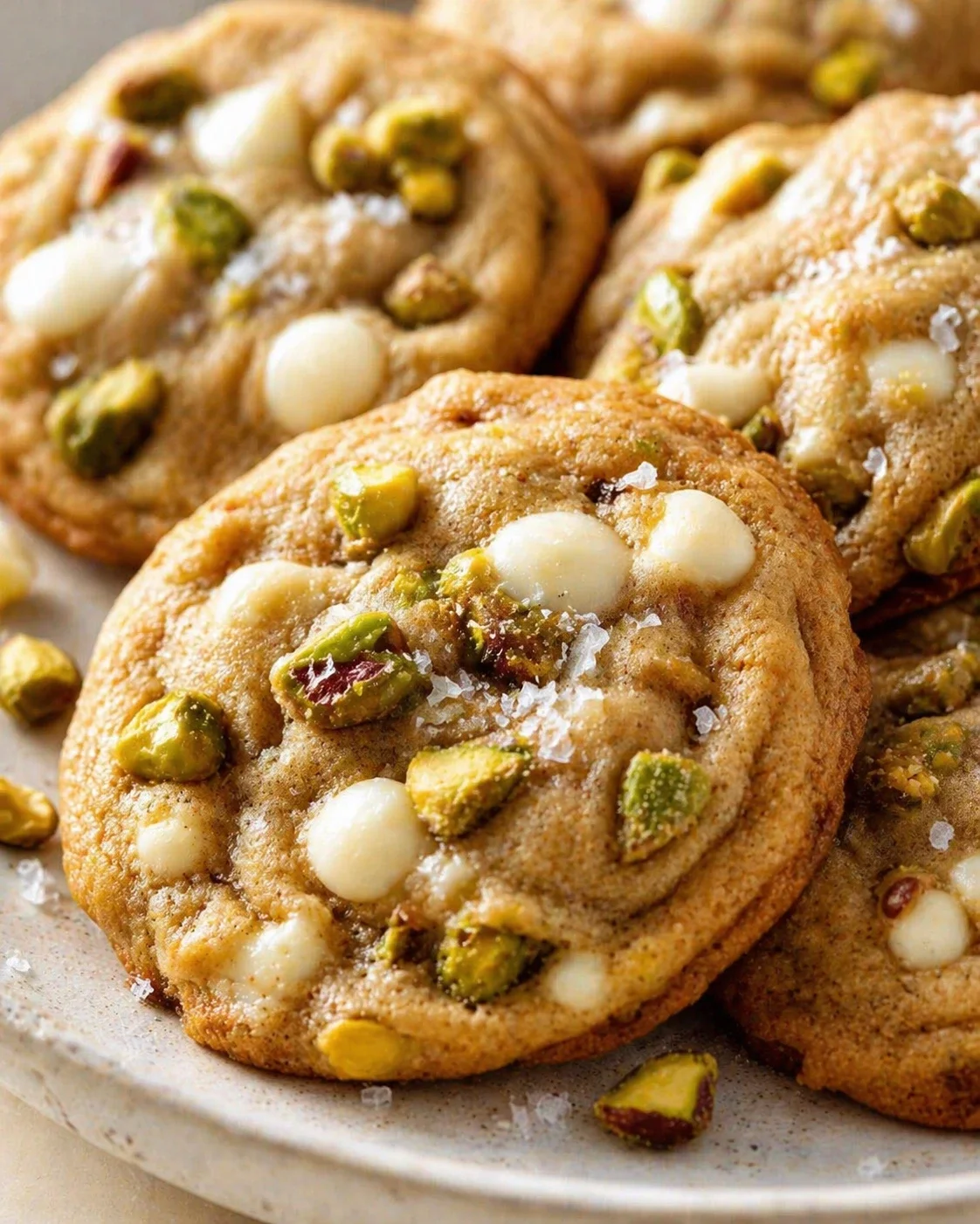 Close-up of golden-brown pistachio and white-chocolate cookies on a beige plate.