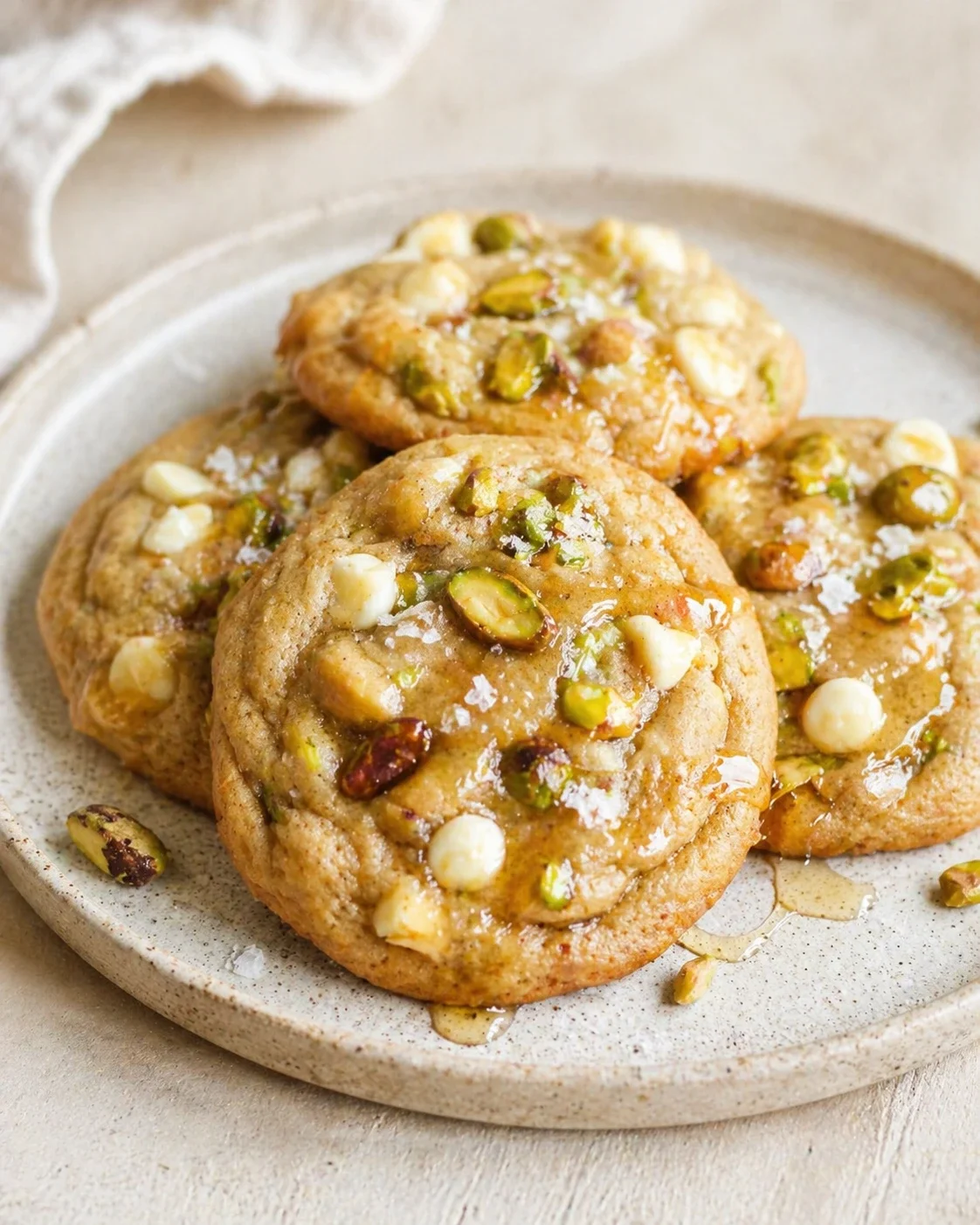 Fresh pistachio and white chocolate cookies on a beige plate with flaky salt.