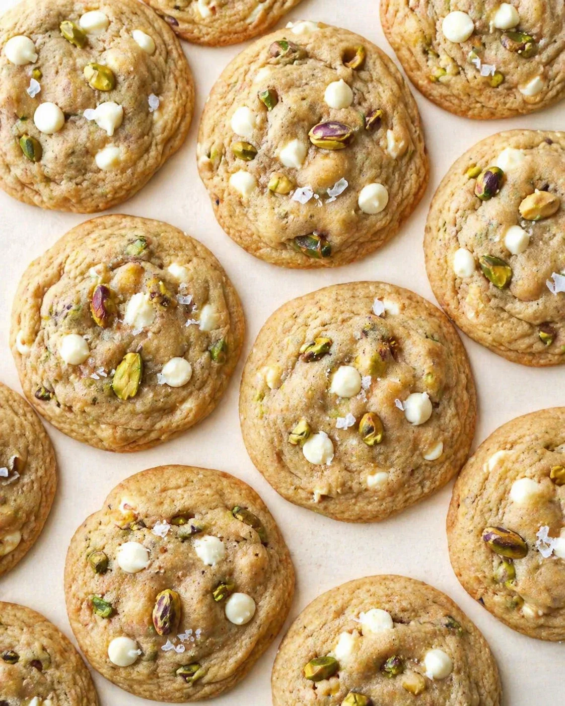 Golden-brown pistachio-studded cookies topped with white chocolate dots on parchment