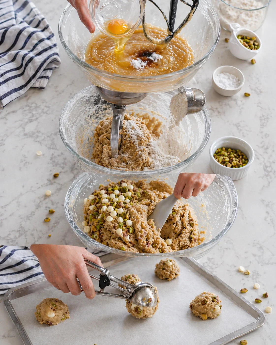 Overhead baking scene with batter, dough, and cookies being formed