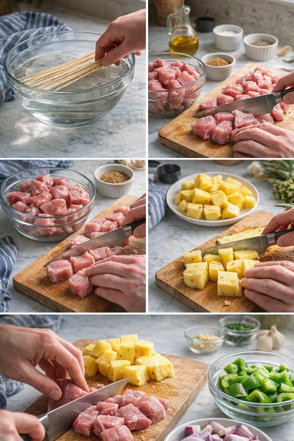 collage of hands chopping pork cubes, pineapple, peppers, and seasonings on a marble kitchen counter