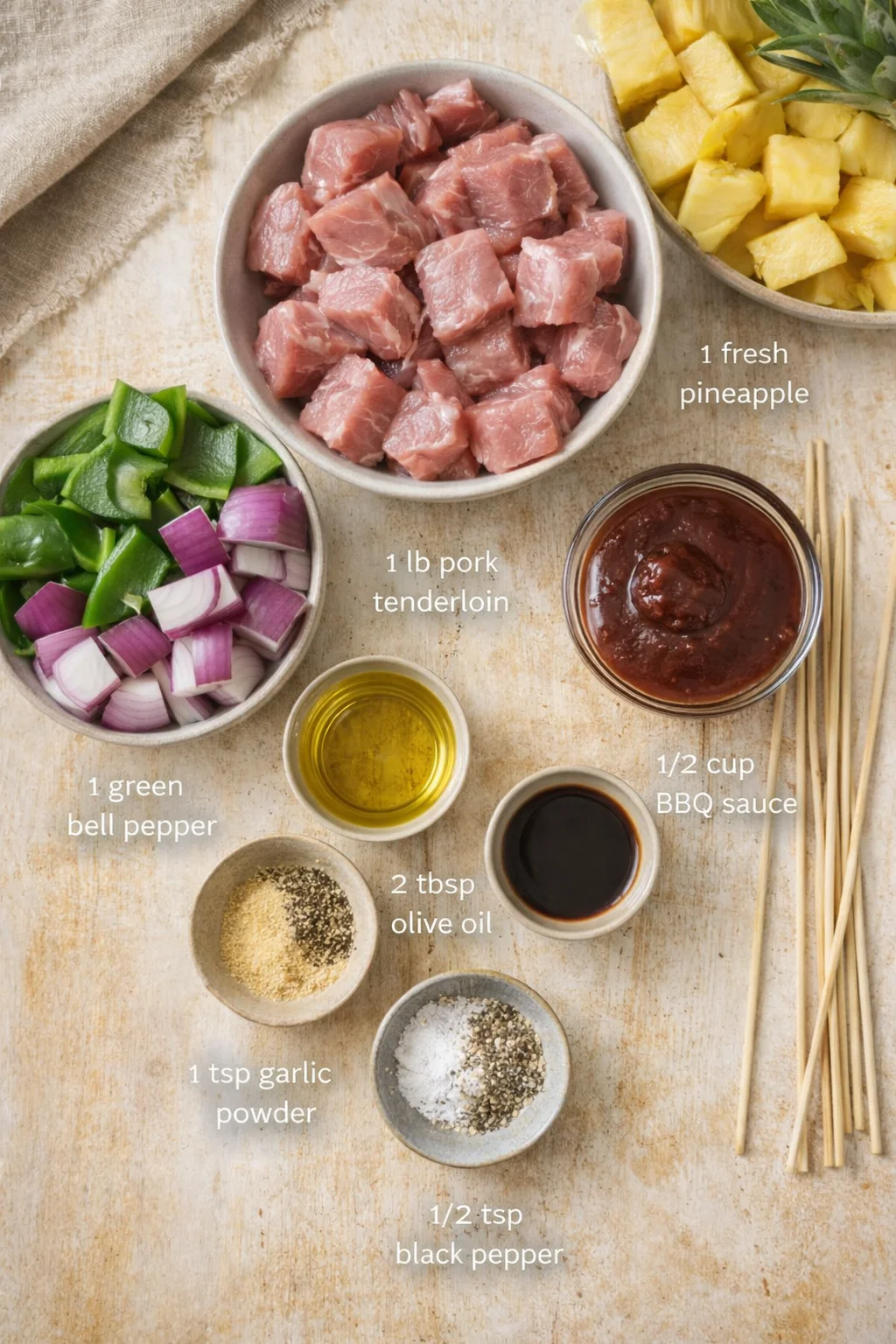 Overhead view of pork cubes, pineapple, peppers, onions, and sauces for kebabs on a wooden surface.