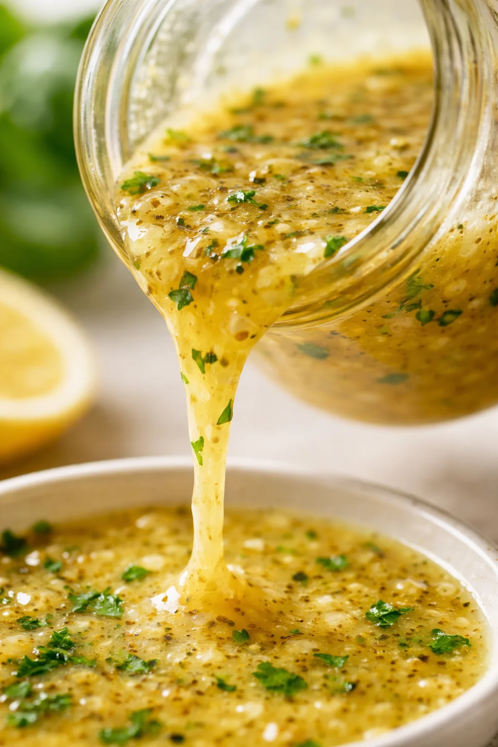 close-up of thick lemon-herb dressing pouring from a glass jar into a bowl, with parsley flecks
