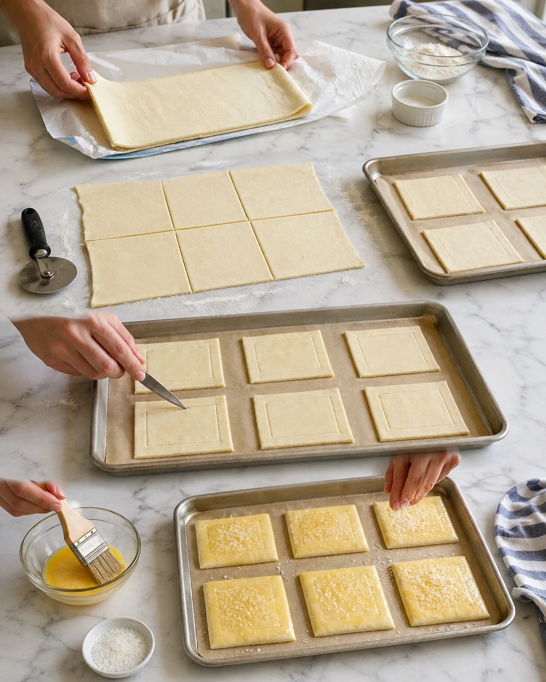 Hands cutting puff pastry into squares on a marble counter with baking trays nearby