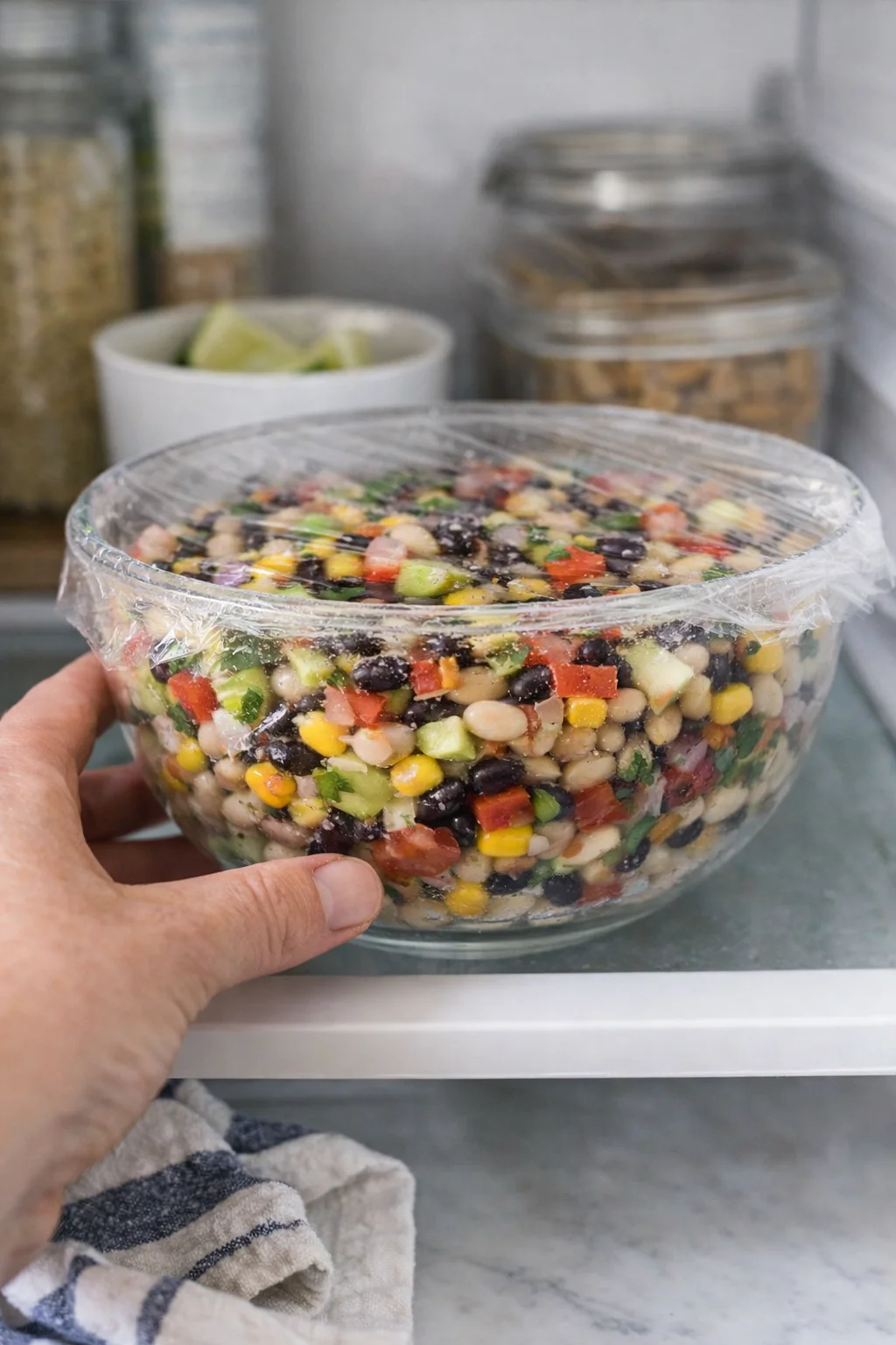 hand holds glass bowl of colorful mixed-bean salad covered with plastic wrap in a bright kitchen