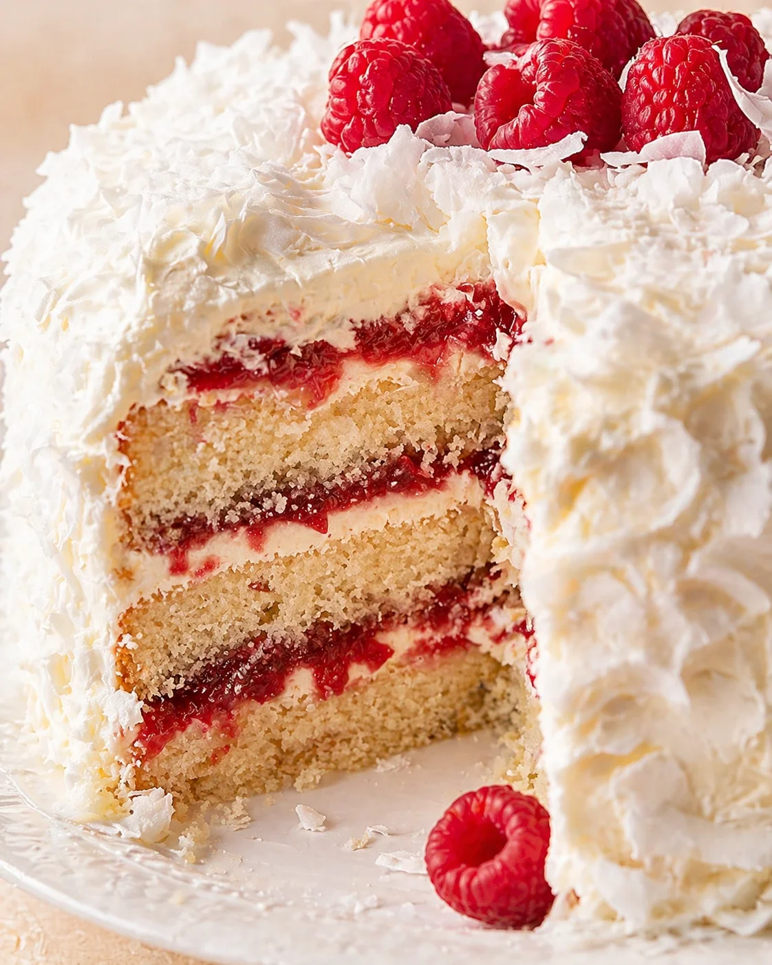 Close-up of a vanilla cake slice with raspberry filling, white frosting, and coconut shavings, topped with raspberries.