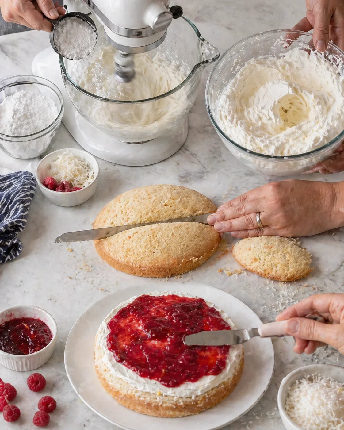 Hands slice a sponge cake while a mixer whips cream; bowls of flour, coconut, and raspberries surround the workspace.