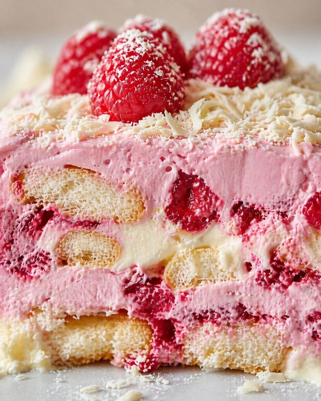 Close-up of a pink raspberry layer cake with raspberries and white chocolate shavings on top.