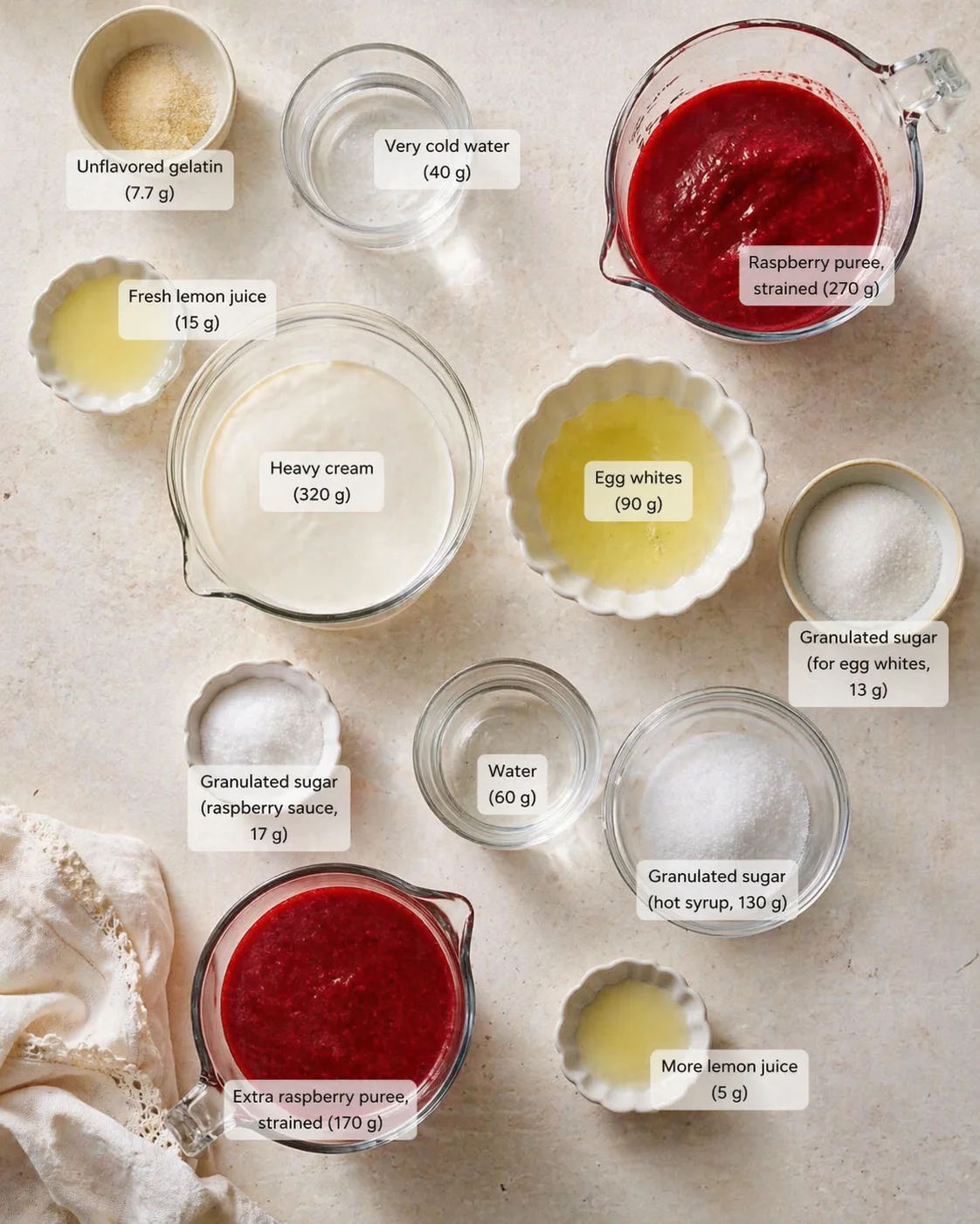 Top-down view of assorted ingredients laid out with labels on a light countertop.