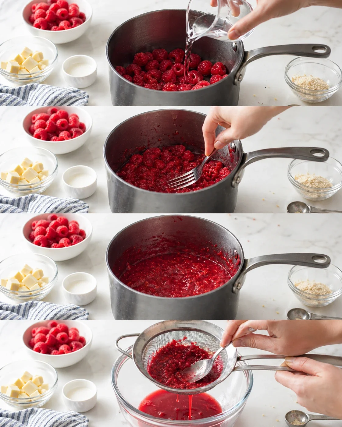Bright kitchen scene of raspberry jam making: raspberries in a pot, mashing, and straining.