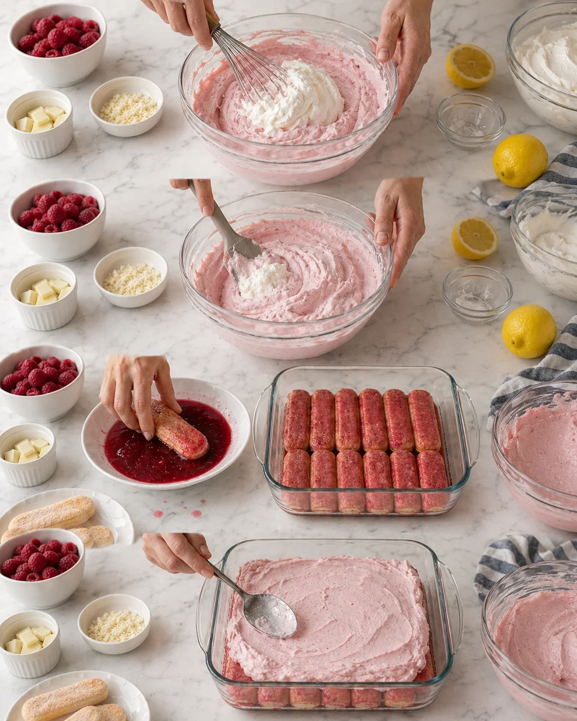 Two hands whisk pink raspberry mousse in glass bowls; raspberries, lemons, white chocolate, and ladyfingers arranged on marble counter.
