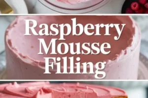 Smooth raspberry mousse filling swirled in a glass bowl on white marble with fresh raspberries beside the bowl.