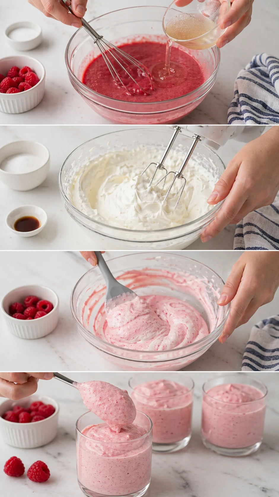 four-panel collage showing raspberry dessert making: blending, whipping, folding, and serving in glasses.