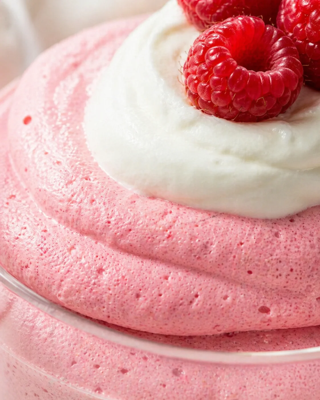 close-up of pink raspberry mousse topped with whipped cream and fresh raspberries in a glass