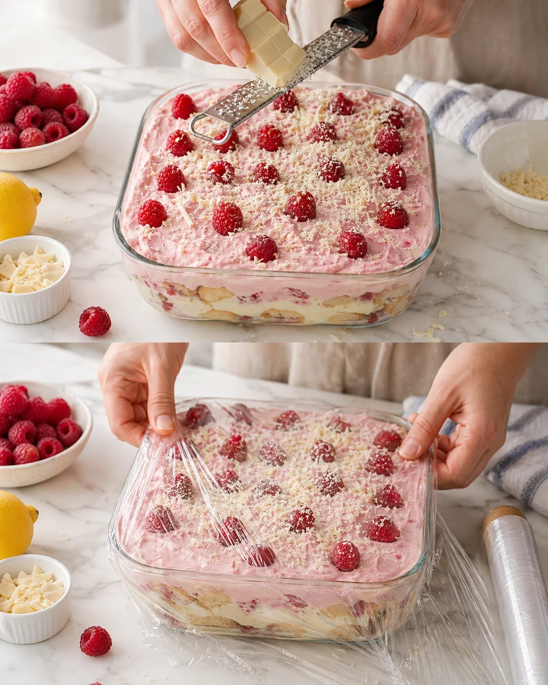 Two-panel shot of raspberry dessert in glass dish; grating white chocolate and covering with plastic wrap.