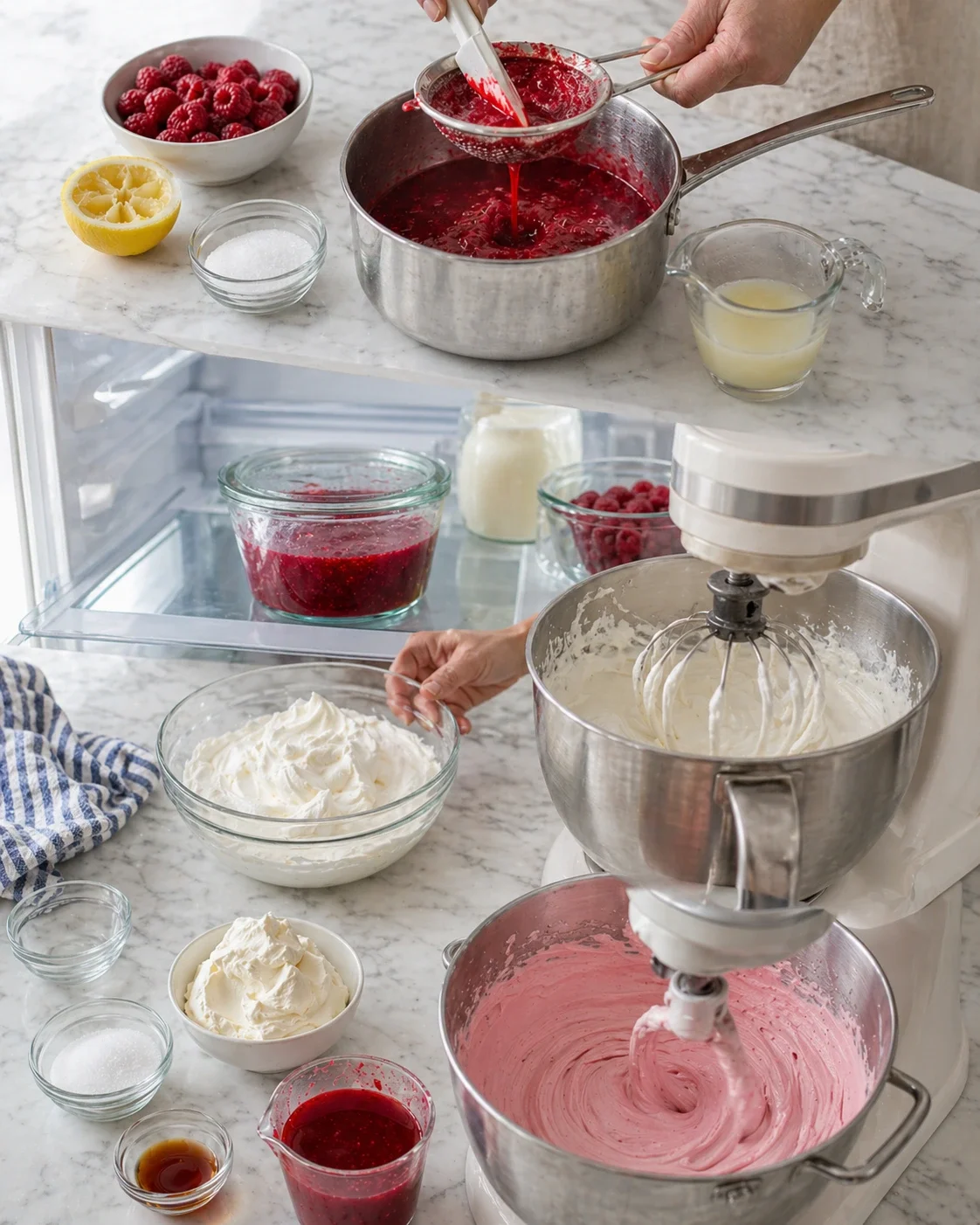 A marble kitchen counter with raspberries, lemon, sugar, pink frosting in a mixer, and a hand straining red raspberry sauce.