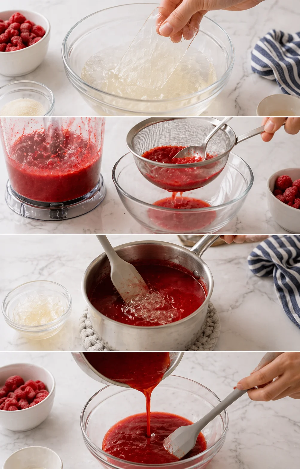 Bright kitchen collage of raspberry sauce steps: raspberries, sugar, blender, sieve, and saucepan.