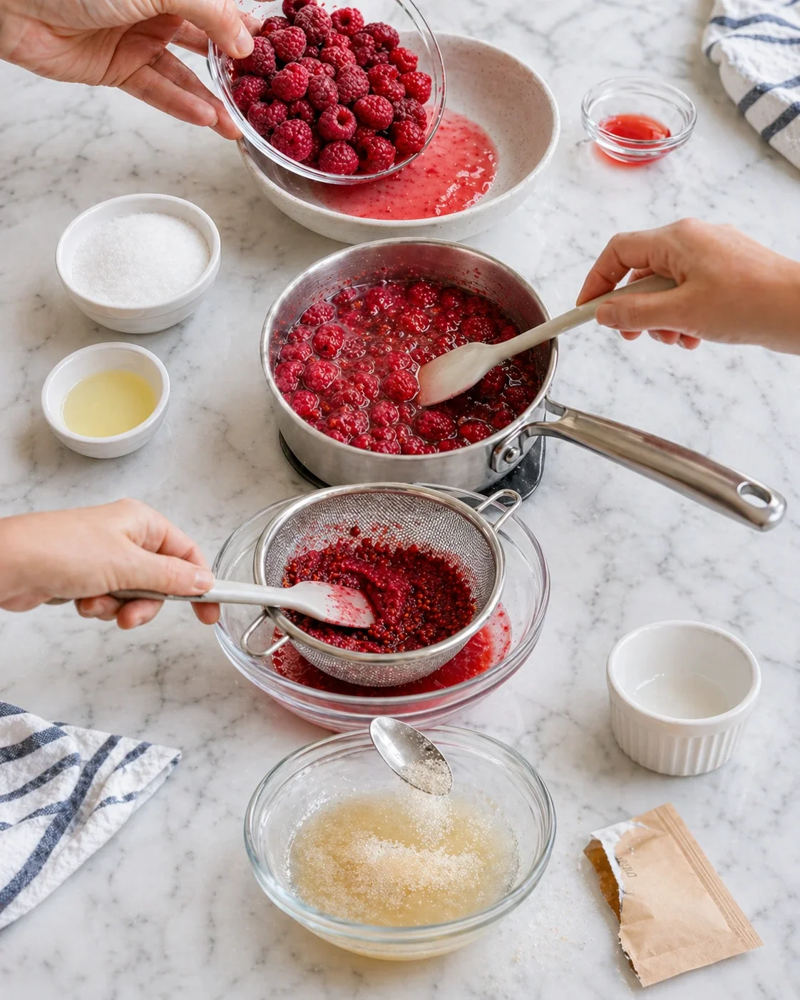 Hands add raspberries to a simmering raspberry sauce on a marble kitchen counter.
